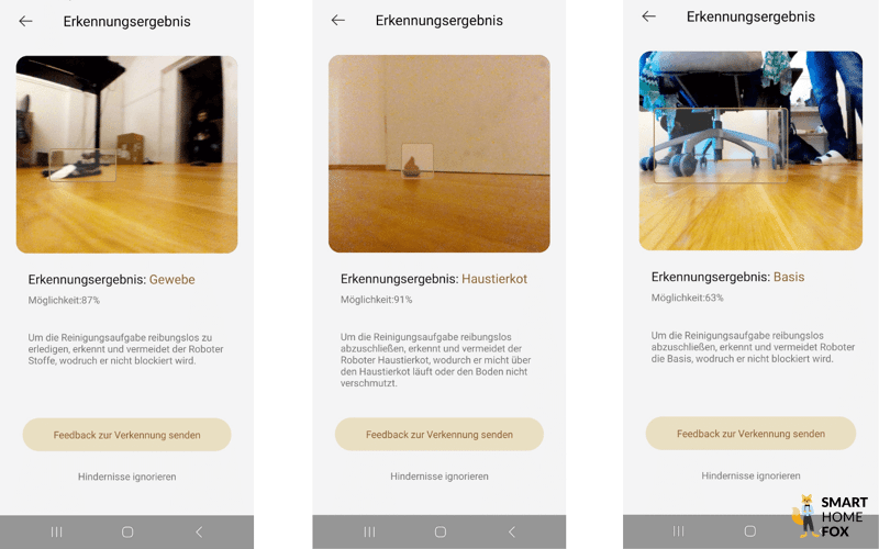 Verschiedene App Bilder zeigen die umfahrene Hindernisse in der Handy-App des Dreame L10s Pro Ultra Heat.